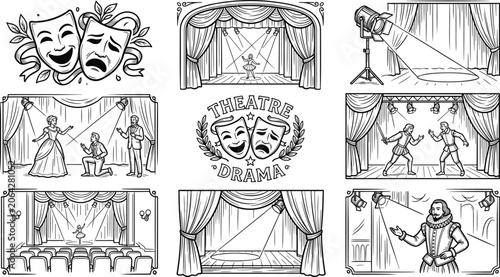 Obraz na płótnie Theatre Drama Elements and Stage Performance Illustrations Set Hand Drawn Line A