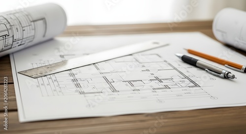 Architectural blueprints and drafting tools on a wooden desk, symbolizing construction and design.