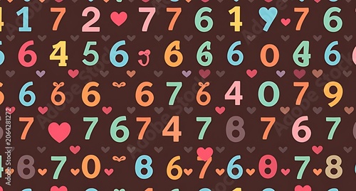 Colorful numbers and pink hearts pattern on dark background, vibrant digital design for wallpapers, textiles, crafts, kids’ projects, fashion, and lively decorative uses, seamless pattern