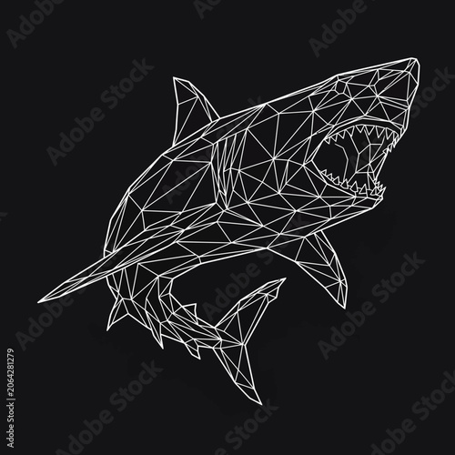 A geometric shark illustration depicts a fierce predator in a digital artwork scene.