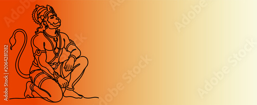 Lord Hanuman Continuous Line Art Sitting Pose Illustration Banner