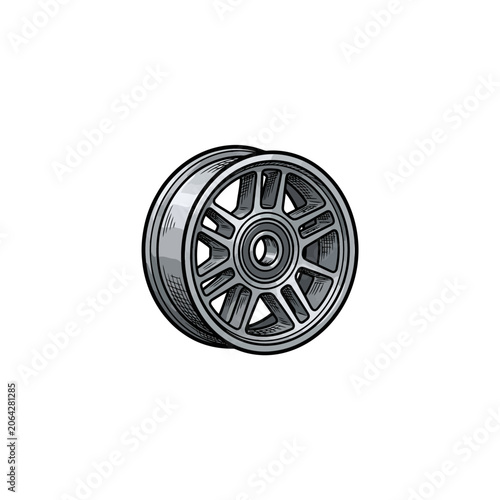 Detailed Grayscale Skateboard Wheel Hub With Spoke Pattern And Textured Tire Surface Vector Illustration