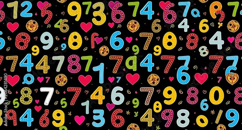 Colorful numbers and symbols collection with vibrant digits and shapes, perfect for educational activities, kids’ games, creative projects, digital backgrounds, colorful patterns, and fun learning