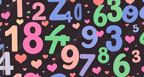 Bright and playful colorful numbers and hearts design featuring vibrant digits and love symbols, perfect for children’s educational materials, creative projects, digital art, cheerful backgrounds,