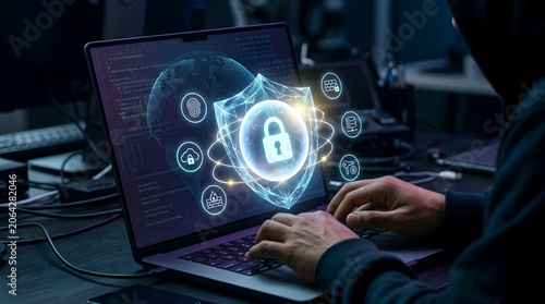Cyber security concept with padlock on laptop screen and digital code
