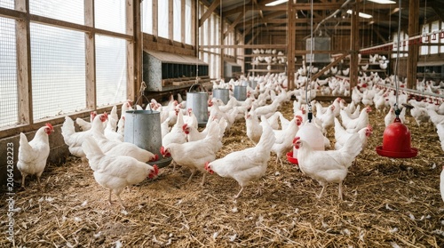 Many white chickens occupy a large indoor barn. The chickens are eating from hanging feeders and drinking from metal waterers.