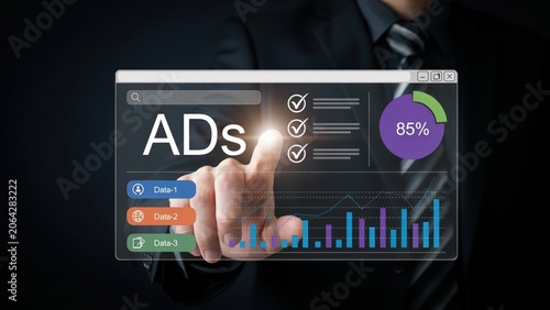 Business person touching a digital marketing dashboard with ads and data charts