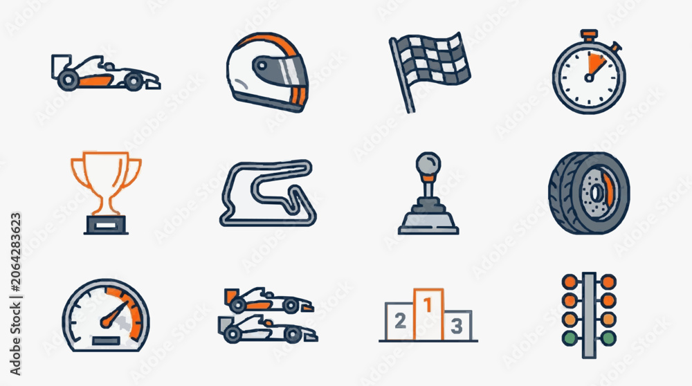 Naklejka premium Minimalist Racing Icons Collection Featuring Key Elements of Motorsport and Competition with high professional line art symbols for modern creative design and digital branding projects