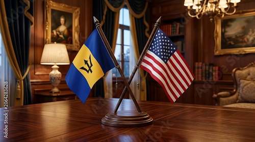 Barbados and USA flags crossed on a diplomatic conference table, symbolizing international relations.