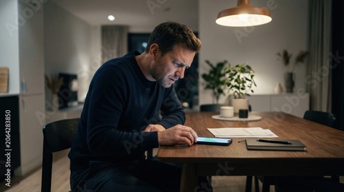 Investor studying polished trading app in fake profit scheme concept