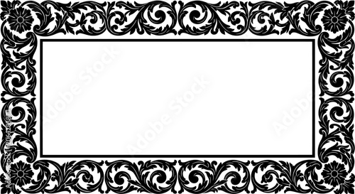 Black ornate floral filigree frame with vintage baroque style scrolls and acanthus leaf flourishes isolated on white background