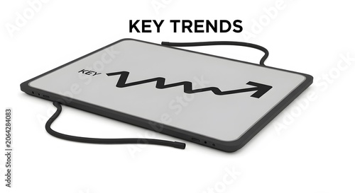 Tablet displaying key trends with arrow on white background