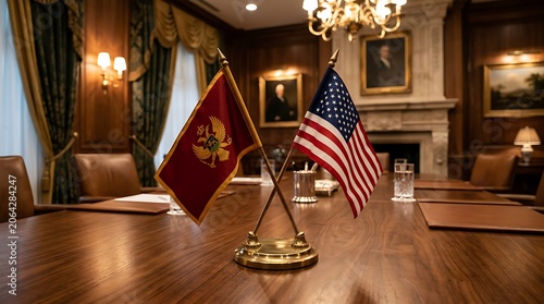 Montenegro and USA flags crossed on a polished wooden conference table, symbolizing international diplomacy.