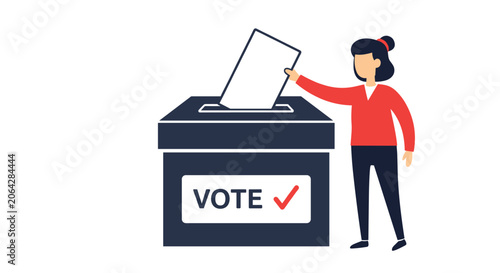 Fotografie Woman casts her ballot into a dark vote box to illustrate the democratic process of elections and civic duty in a flat style