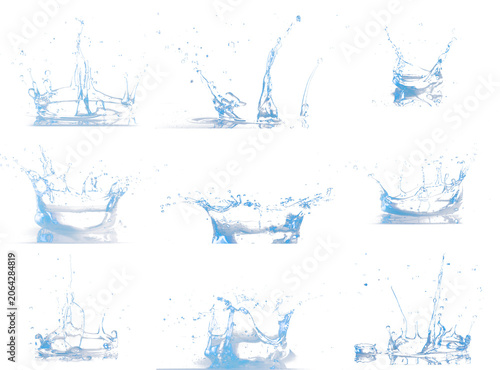 Water splash collection for cosmetics photography backgrounds, 9 isolated transparent liquid splashes set