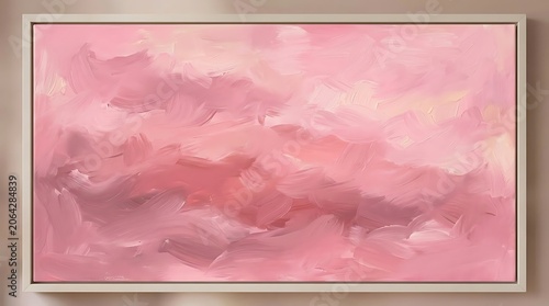Abstract Pink and Rose Brushstroke Painting on Canvas, Framed Modern Art Texture on Beige Wall