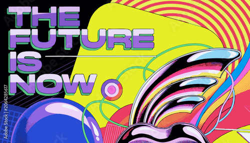 The Future Is Now Retro Futuristic Landscape Banner with Cyberpunk Aesthetics