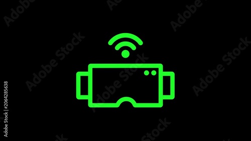 Glowing neon VR headset icon with wireless wifi signal on black background. Futuristic virtual reality goggles line art for metaverse, gaming, and innovative tech concepts