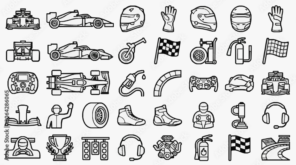 Naklejka premium Dynamic Icons Collection for Motorsport and Racing Equipment Apparel and Safety Gear with high professional line art symbols for modern creative design and digital branding projects