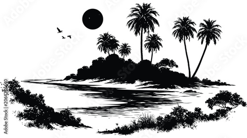 Island vector icon tropical scene with palm trees, tropical
