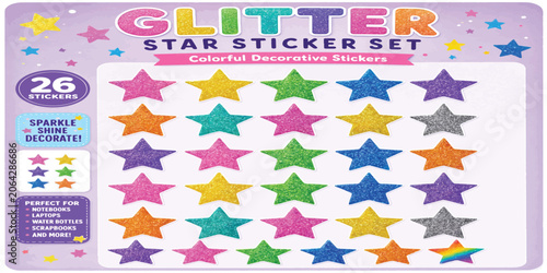 Obraz na plátne Glitter star sticker sheet set with stickers colorful decoration stationery crea