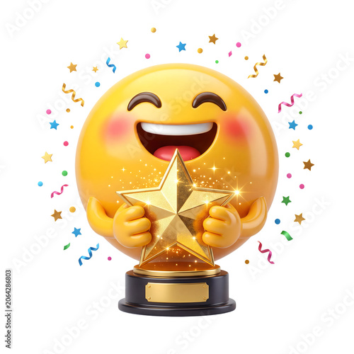 Happy emoji holding golden star trophy award celebration