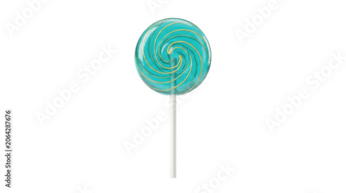 A close-up of a blue swirly lollipop on a white stick against a plain background