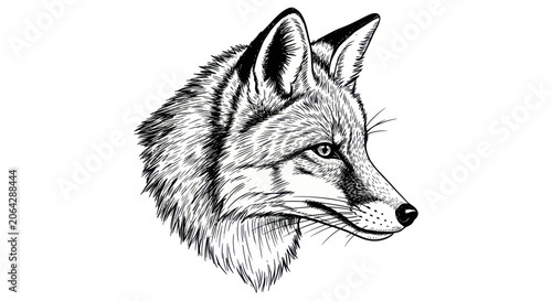 Konstfotografi Fox head profile with detailed fur texture in black ink