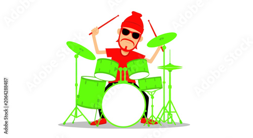 Photography Energetic drummer playing a vibrant lime green and red drum kit