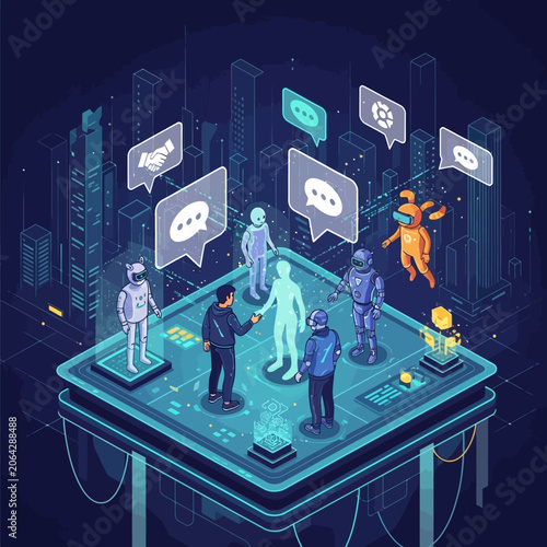 Isometric Metaverse Concept with Human Avatars and AI Robots Communicating