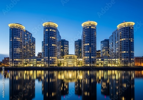 Modern apartment buildings at dusk with illuminated reflecting in calm water