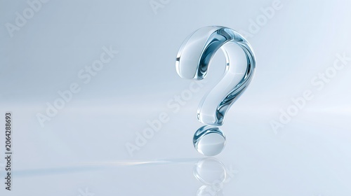 Conceptual background: Light blue glass 3D question mark with liquid clear texture