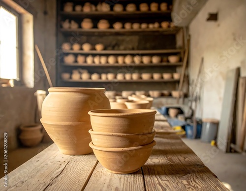 Handcrafted Clay Pottery Arranged on Wooden Workbench in Rustic Ceramic Workshop