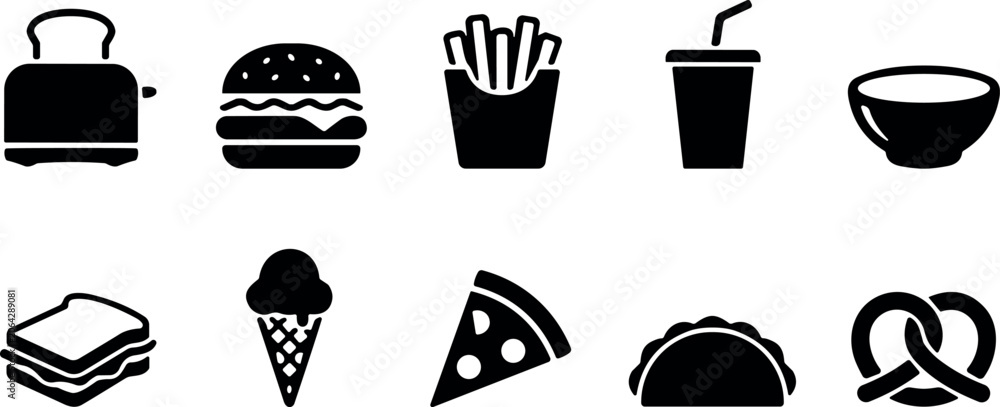 Naklejka premium Flat black and white food icons set with toaster and drinks