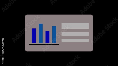 Minimalist corporate data visualization card icon with blue bar chart and text placeholder line graphics. Financial growth, infographic, business dashboard presentation loop