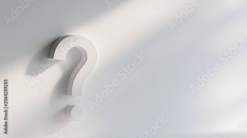 Conceptual background: Clean interrogation mark with soft shadow and bright artistic lighting
