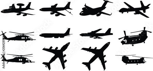 Obraz na płótnie Military Aircraft Silhouette Set - Helicopters, Cargo Planes and Fighter Jets Co