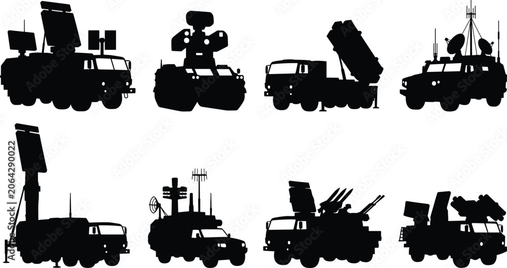 Obraz premium Military Missile Defense Vehicle Silhouette Set - Radar Trucks and Air Defense Systems Collection