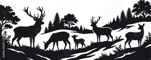 Deer family grazing in a peaceful forest landscape silhouette