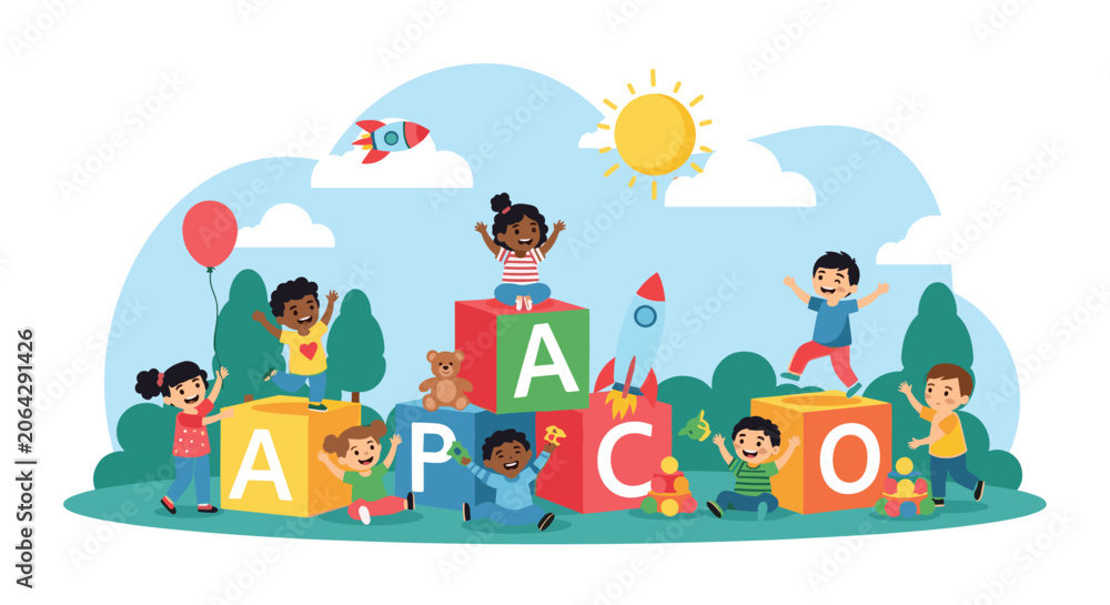 Fototapeta premium Group of happy children play with large alphabet building blocks in an outdoor park setting to promote early learning.