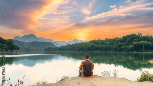 A Chinese Man A Tranquil Lake Und A Beautiful Panorama View