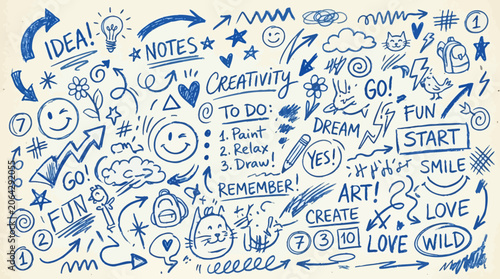 Blue hand drawn crayon doodles