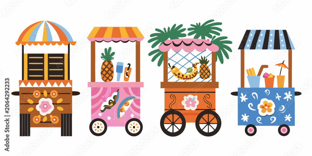 Fototapeta premium Tropical Beach Food Carts Colorful Vector Illustration