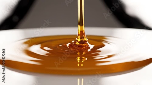 Viscous golden amber liquid dripping onto smooth white surface.