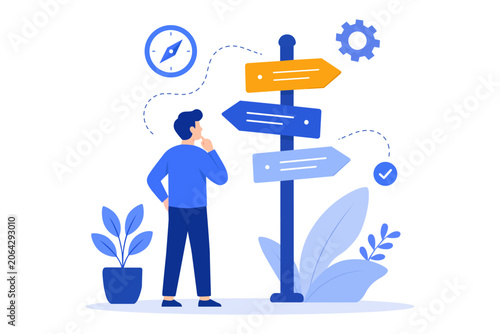 Man standing at crossroad looking at signpost making career choice vector illustration