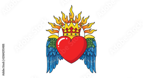 Konstfotografi Red sacred heart with blue wings gold crown and burning flames