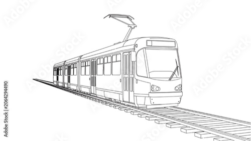 Canvastavla 2D AutoCAD Vector illustration of a modern tram on railway tracks