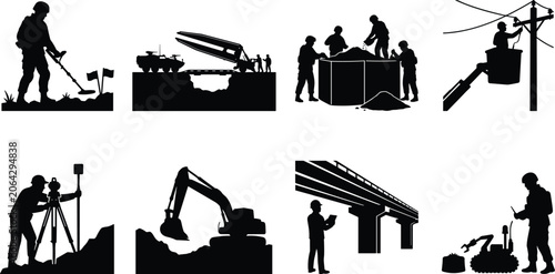 Photography Construction Infrastructure Engineering and Utility Worker Silhouettes with Heav