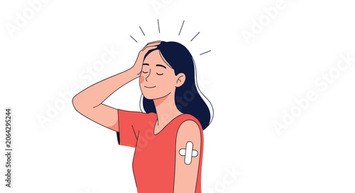 Smiling woman feeling relieved and happy after receiving her vaccination shot with a bandage visible on her arm.