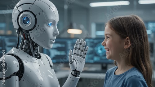 The robot greets the girl child friend future machine intelligence artificial humanoid science robotics digital virtual fiction communication close up slow motion. 